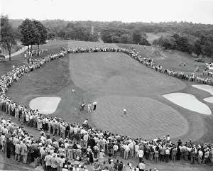 Golf Prints: Crowd gathered around the 18th green at the Wykagyl Country Club to watch Bobby Locke of South Africa at the Palm Beach