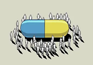 Antibiotic Prints: Crowd surrounding large pharmaceutical capsule