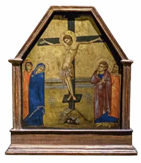Whitebackground Prints: Crucifixion; by artist from Dalmatian School; Oil and gold ground on panel; 14th Century