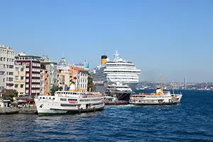 Ferry Prints: Cruise ship and ferries at a harbor, Golden Horn, Istanbul, Turkey