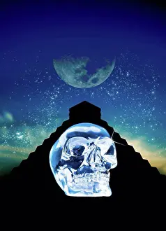 Mystery Prints: Crystal skull and Maya pyramid, computer artwork