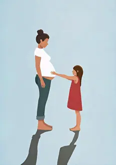 Beginnings Prints: Curious daughter touching pregnant mothers stomach