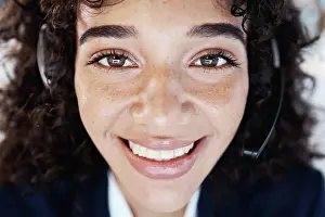 Happy Woman Prints: Customer support consultant, face portrait and happy woman telemarketing on contact us CRM or telecom