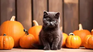 Halloween Prints: Cute gray kitten sits near orange pumpkins on white background