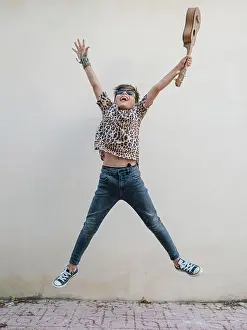 Instrument Prints: Cute joyful energetic cheerful child in denim