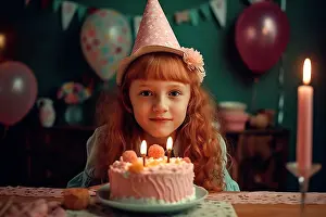 Occasion Prints: Cute little birthday girl sitting at table with cake. Generative AI