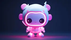 Graphic Prints: Cute neon cartoon robot. AI Content Generator