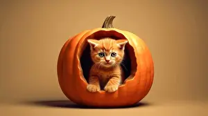 Witch Prints: Cute orange kitten sits in orange pumpkin on orange background