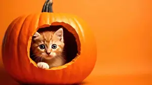 Halloween Prints: Cute orange kitten sits in orange pumpkin on orange background