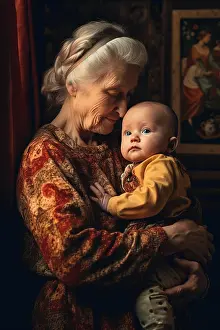Grandma Prints: Cute scene of Russian grandma with her baby grandson. Generative AI