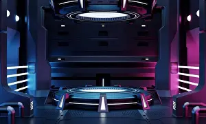Pink Prints: Cyberpunk sci-fi product podium showcase in empty spaceship room with blue and pink background