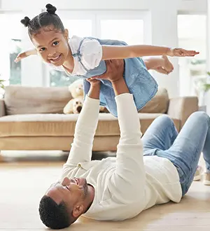 Lifting Prints: Dad, girl and portrait with airplane game for childhood fun