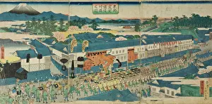 Triptych Prints: Daimyo Procession at Kasumigaseki in Edo