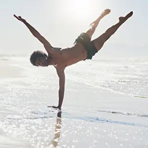 Handstand Prints: Dance, contemporary and man at beach with performance for choreography