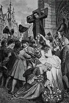 Old Age Prints: Daniel Defoe in the pillory, an English writer, 1660 - 1731, wood engraving, about 1880