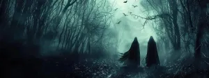 Darkness Prints: Two dark figures walking through a forest with birds flying overhead