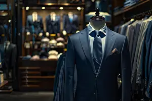 Chic Prints: Dark navy blue suit and tie ensemble showcased on a male mannequin in a tailoring room of a luxury menswear store