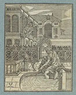 Voorkeursbeeld Prints: David and Batseba. Paleist garden with Batseba washing her feet and David who spell her from the roof of his palace