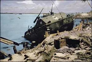 Marines Prints: Dead Bodies and Damaged U.S. Tank in Water during Battle of Tarawa