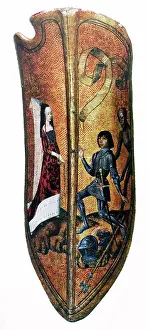Middle Ages Prints: Decorative shield depicting a knight kneeling before his lady