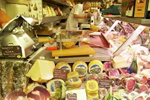 Cheese Prints: Delicatessen food store with cheese and ham on sale, Rome, Lazio, Italy, Europe