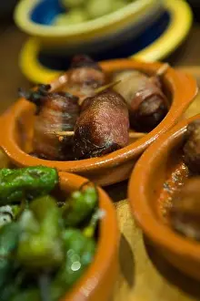 Meat Prints: Delicious Bacon-Wrapped Dates Tapas, Palma, Mallorca, Balearic Islands, Spain