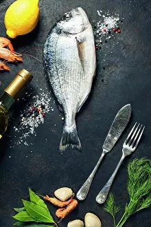 Knife Prints: Delicious fresh fish and seafood on dark vintage background