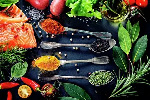 Leafy Prints: Delicious portion of fresh salmon fillet with aromatic herbs