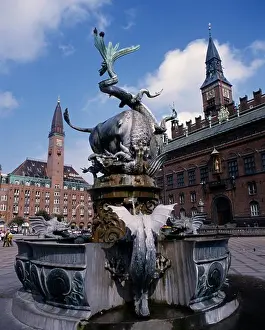 Cattle Prints: Denmark, Zealand, Copenhagen, City Hall And Fountain With Statue Of Bull Slaying A Serpent In The Foreground