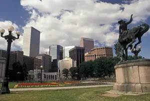 Public Park Prints: Denver, skyline, CO, Colorado, Broncobuster statue in Civic Center Park and skyline of downtown Denver