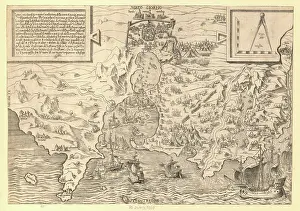 Chart Prints: Depicts a map of Tunis, created as a copper engraving by Agostino Veneziano in 1535