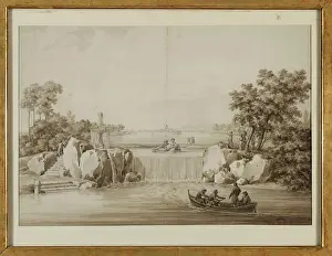 Gardens Prints: ﻿Design for a cascade and bridge with the monument of Jan III Sobieski in Łazienki Park