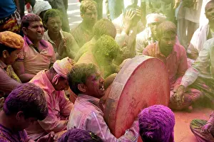 Holi Prints: Devotee celebrating lathmar festival