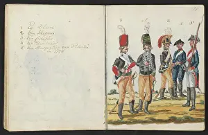 Voorkeursbeeld Prints: Different uniform of 1786; A Ulaan / a Hussaar / a Curaier / a canonier / a guinea party in 1786