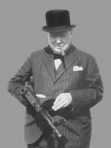 Cigar Prints: Digitally restored vector photo of Sir Winston Churchill with a Tommy Gun
