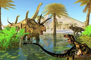 Toughness Prints: Two Dilong dinosaurs guard their nest when a Coahuilaceratops dinosaur comes over to investigate
