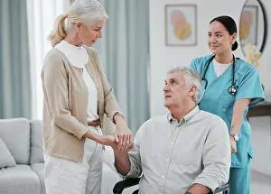 Disability Prints: Disability, nurse or old couple holding hands in rehabilitation for support
