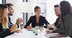 Meet Prints: Discussion, group and colleagues in boardroom