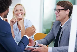 Discussion, happy and business people in office for meeting for website