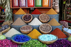 Market Prints: Display of spices and pot pourri in spice market in the souks of Marrakech