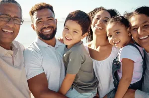 Grandparents Prints: Diversity big family in portrait for summer outdoor holiday with children and grandparents on blue sky and sunshine