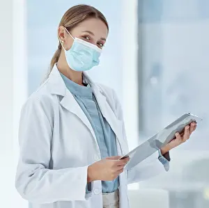 Paperwork Prints: Doctor with covid face mask and a checklist for compliance