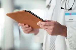 Doctors Prints: Doctor, hands and tablet for healthcare or medical information