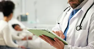 Pediatric Prints: Doctor, hands or typing in hospital with tablet for pediatric patient history