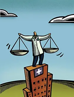 Physician Prints: Doctor holding a measuring scale while standing on a hospital building