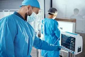 Doctors Prints: Doctor, hospital and medical machine with monitor screen during surgery for dialysis