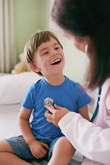 Sick Prints: Doctor, stethoscope and child in hospital for healthcare