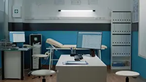 Examination Prints: Empty doctors office for healthcare analysis and consultation
