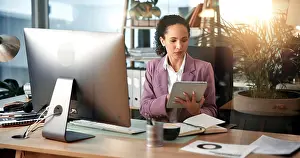 Advisor Prints: Documents, computer and business woman on tablet for online project