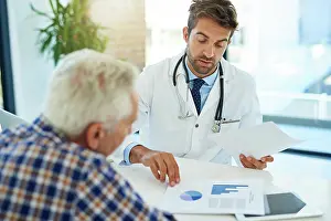 Advice Prints: Documents, hospital or medical with doctor and old man in office for consulting appointment